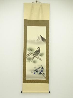 JAPANESE HANGING SCROLL / HAND PAINTED / Mt.FUJI WITH EGGPLANT HAWK